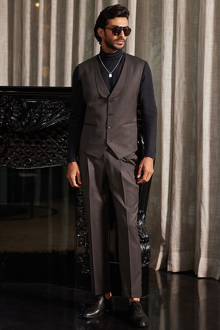 Taupe Wool Blend Waistcoat by Philocaly at Pernia's Pop Up Shop