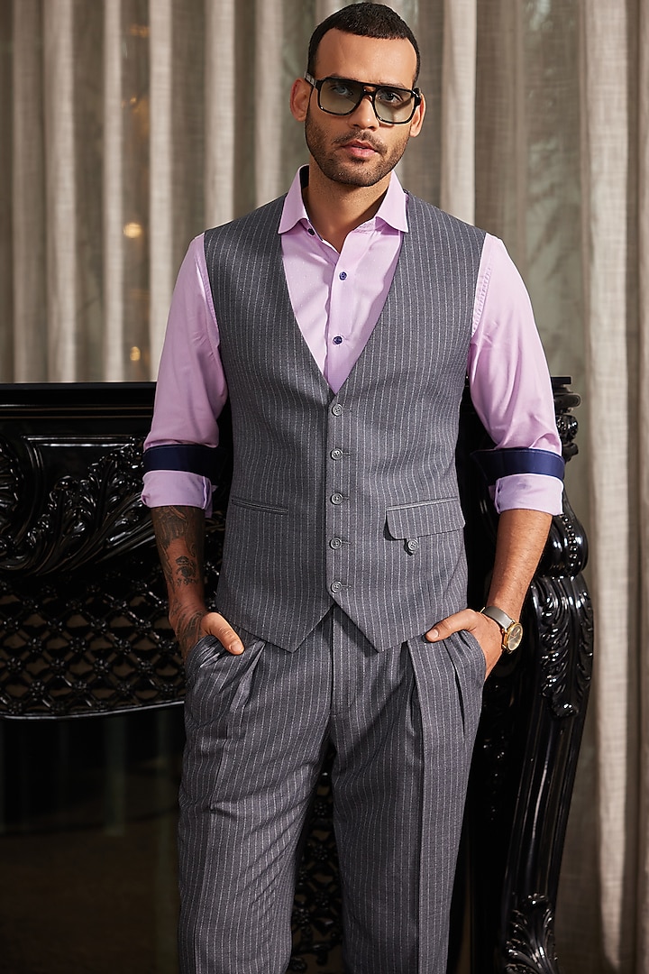 Grey & White Worsted Wool Pinstripe Waistcoat by Philocaly