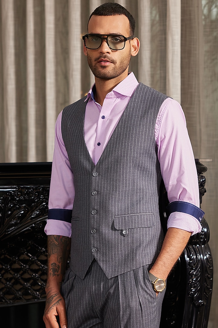 Grey & White Worsted Wool Pinstripe Waistcoat by Philocaly at Pernia's Pop Up Shop