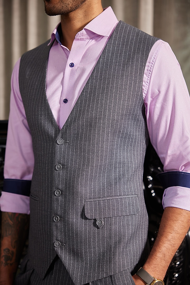 Grey & White Worsted Wool Pinstripe Waistcoat by Philocaly at Pernia's Pop Up Shop