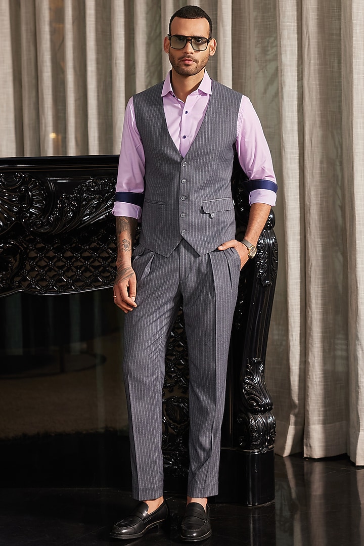 Grey & White Worsted Wool Pinstripe Waistcoat by Philocaly at Pernia's Pop Up Shop