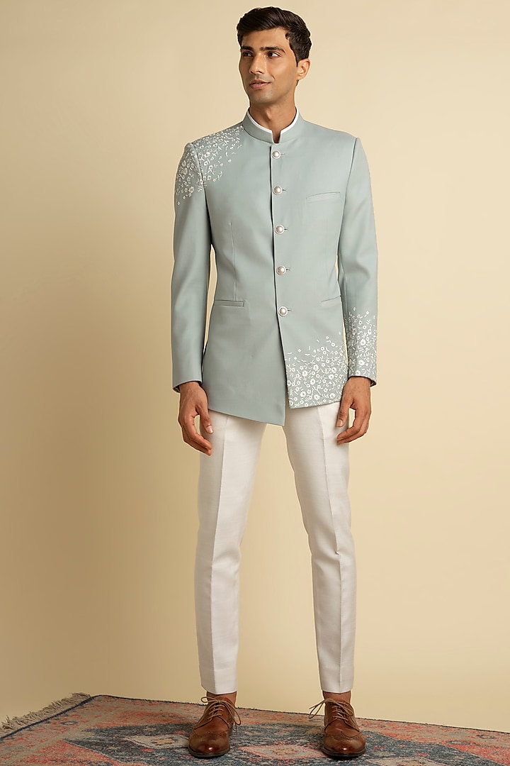 Mint Bandhgala Jacket With Threadwork by Philocaly