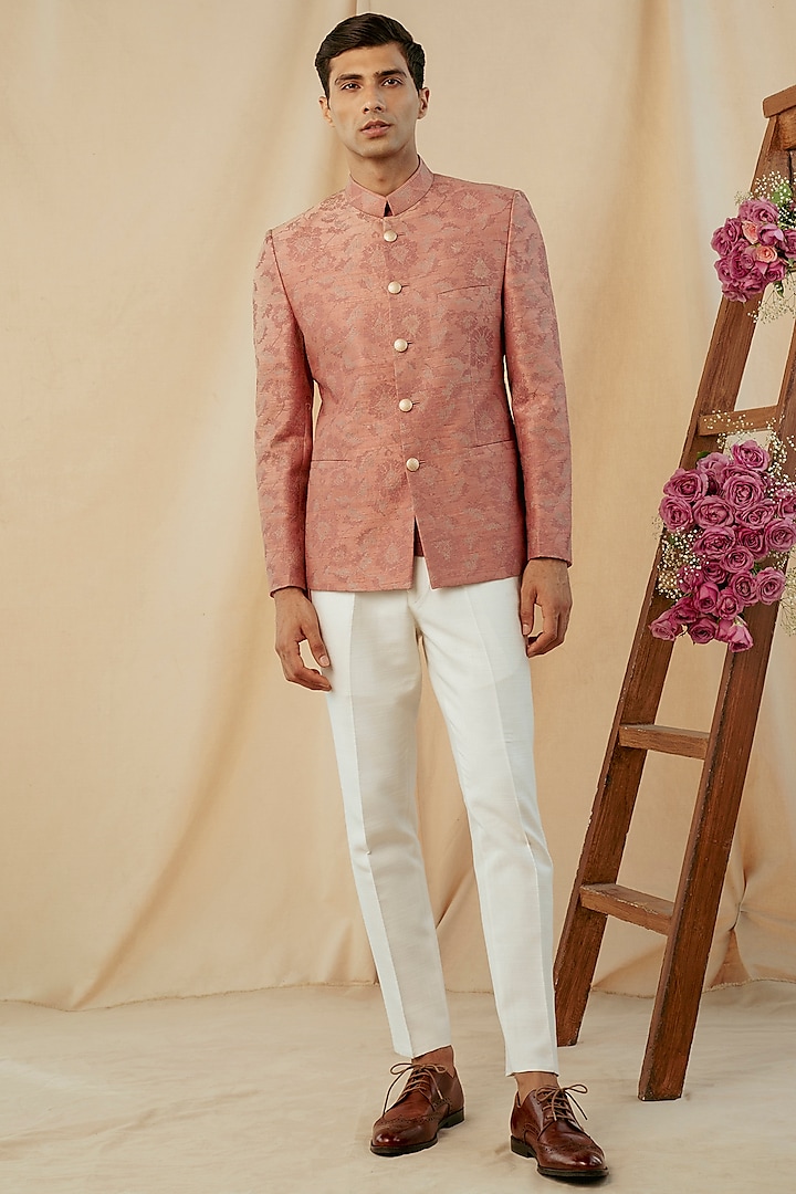 Salmon Pink Silk Embroidered Wedding Bandhgala Jacket by Philocaly at Pernia's Pop Up Shop