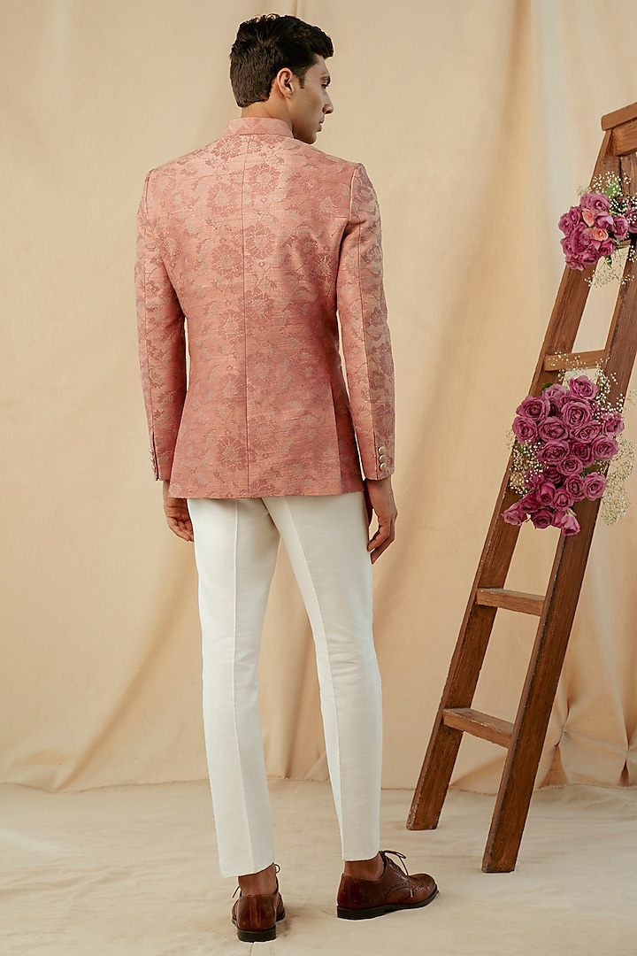 Salmon Pink Silk Embroidered Wedding Bandhgala Jacket by Philocaly at Pernia's Pop Up Shop