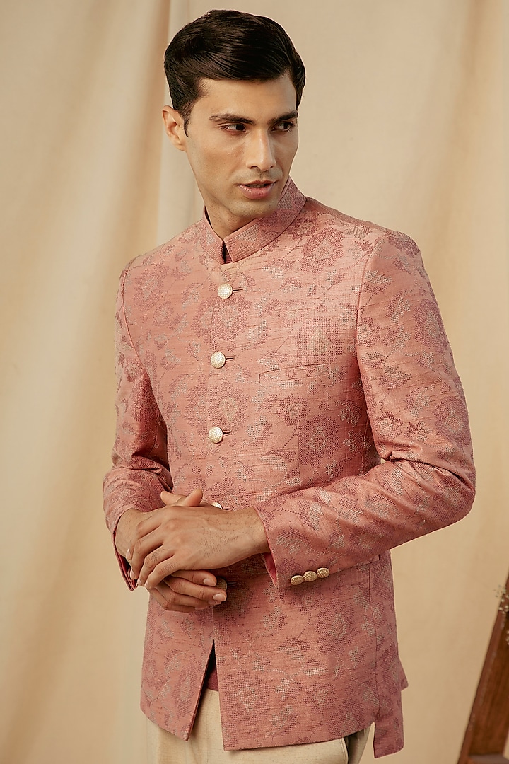 Salmon Pink Silk Embroidered Wedding Bandhgala Jacket by Philocaly at Pernia's Pop Up Shop