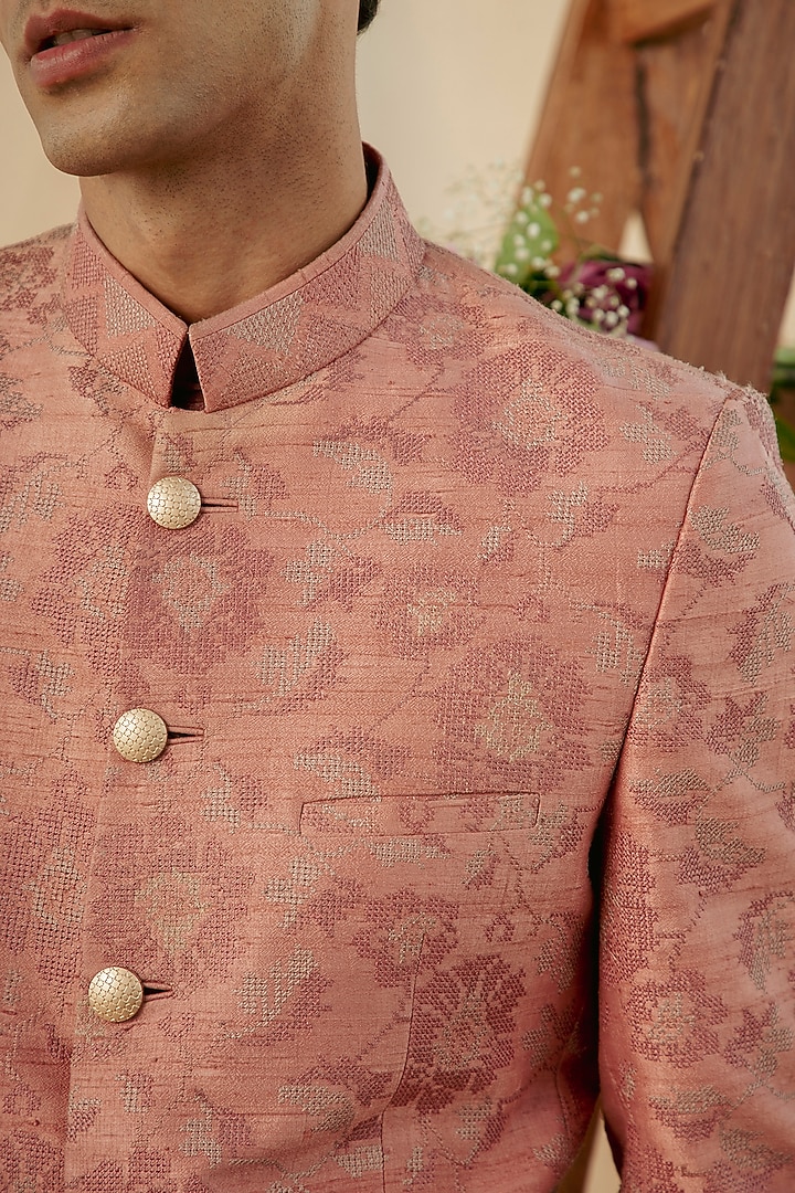 Salmon Pink Silk Embroidered Wedding Bandhgala Jacket by Philocaly at Pernia's Pop Up Shop
