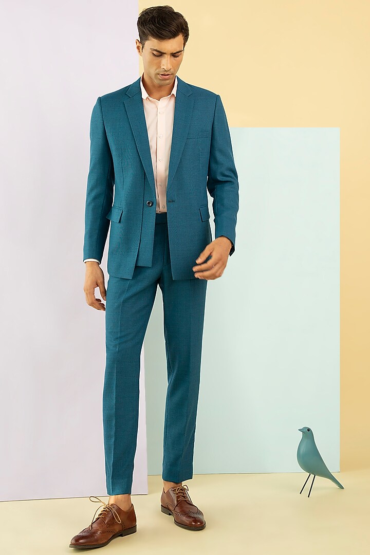 Teal Blue Wool Fresco Suit by Philocaly