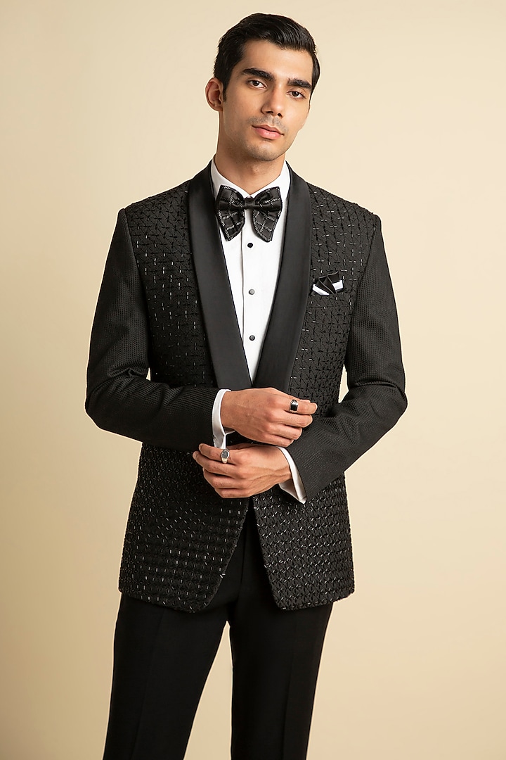 Black Silk Blend Hand Embellished Tuxedo by Philocaly at Pernia's Pop Up Shop