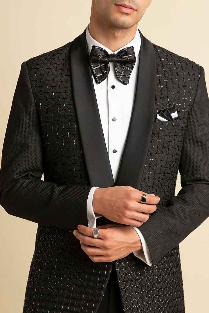 Black Silk Blend Hand Embellished Tuxedo by Philocaly at Pernia's Pop Up Shop