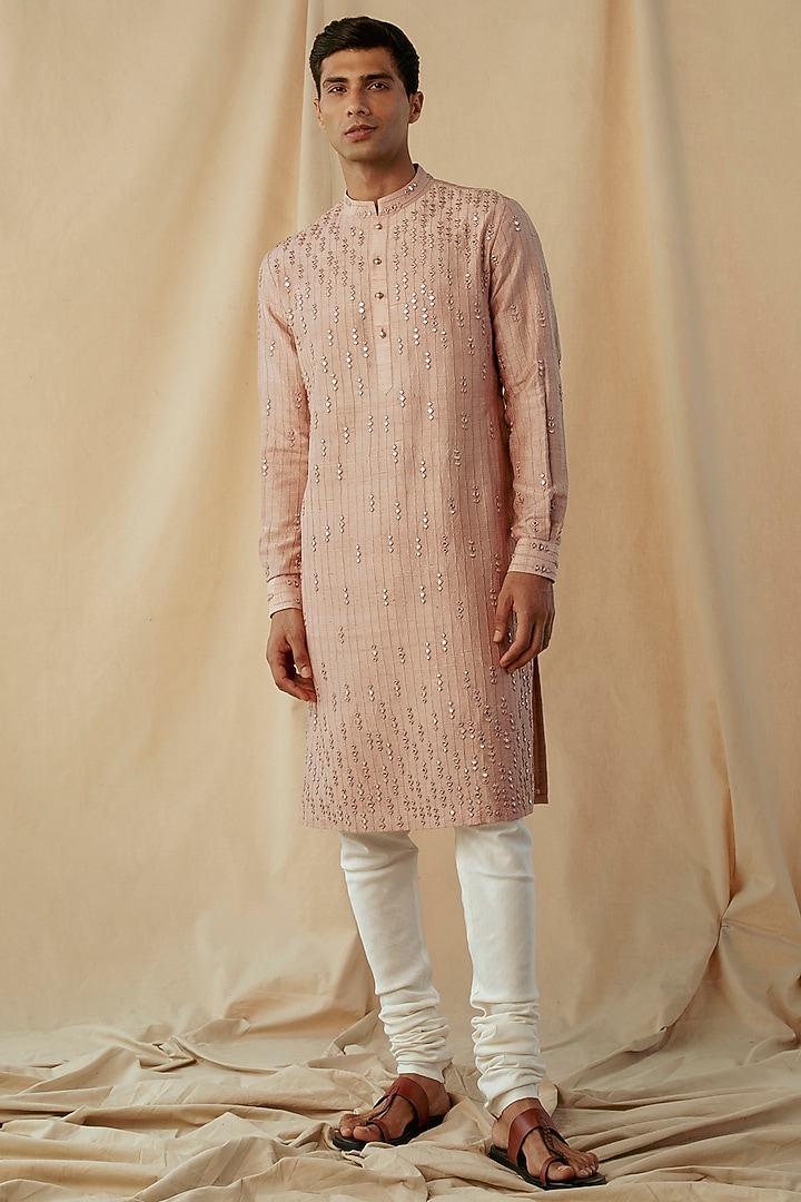 Blush Peach Silk Mirror Work Kurta by Philocaly at Pernia's Pop Up Shop