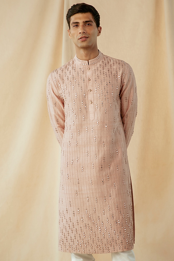 Blush Peach Silk Mirror Work Kurta by Philocaly at Pernia's Pop Up Shop