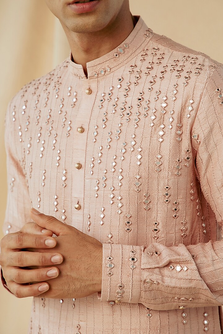 Blush Peach Silk Mirror Work Kurta by Philocaly at Pernia's Pop Up Shop