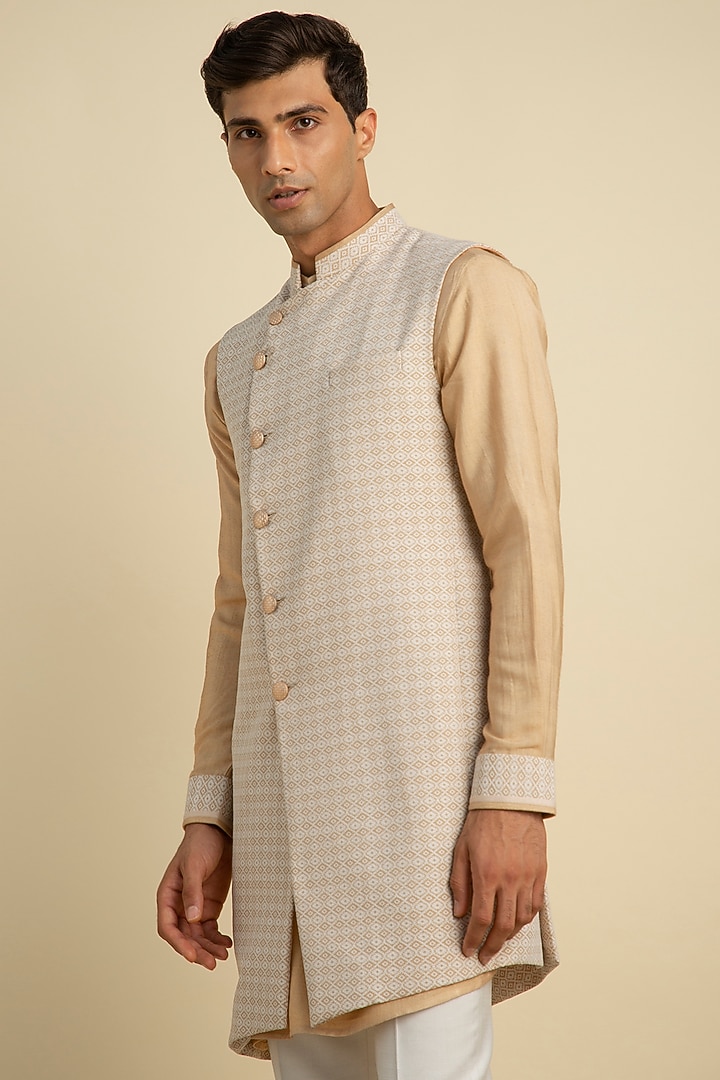 Beige Ikat Bundi Jacket by Philocaly at Pernia's Pop Up Shop