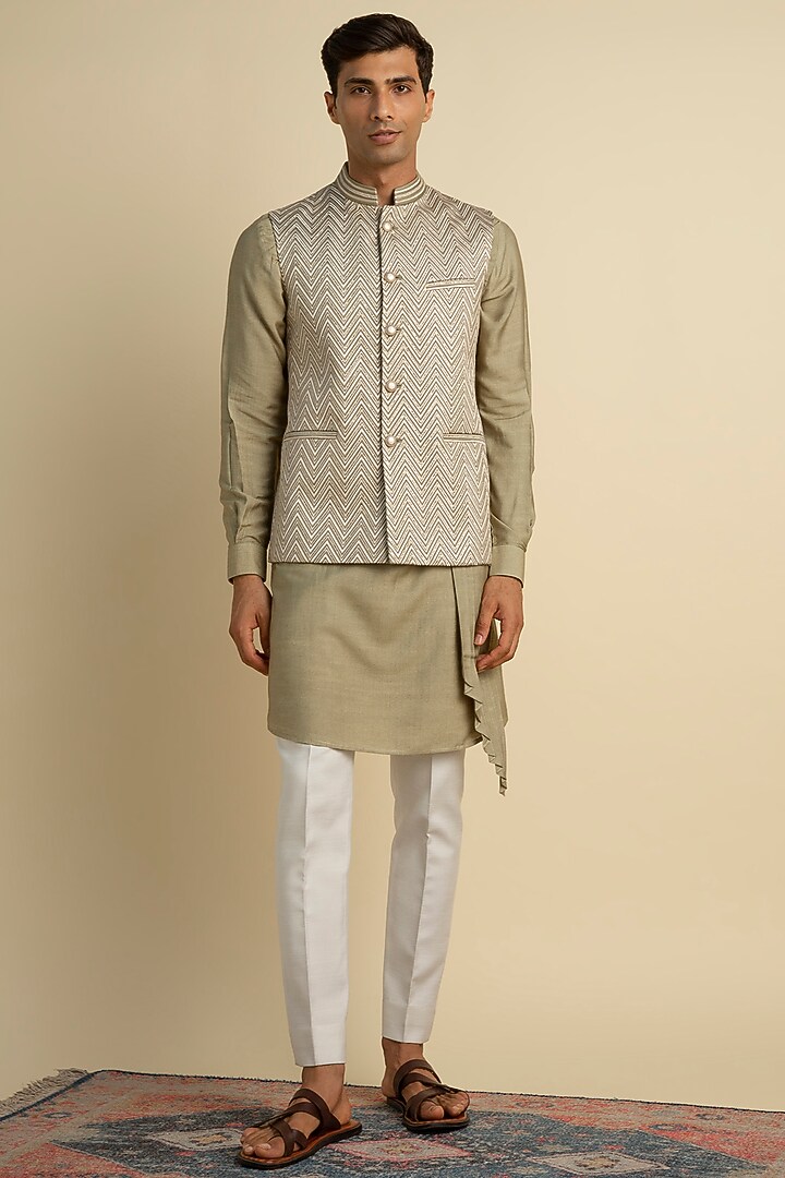 Sage Green Silk Embellished Bundi Jacket by Philocaly at Pernia's Pop Up Shop