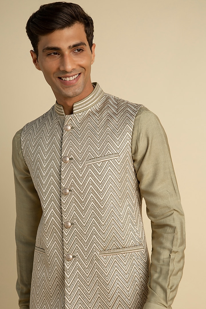 Sage Green Silk Embellished Bundi Jacket by Philocaly at Pernia's Pop Up Shop