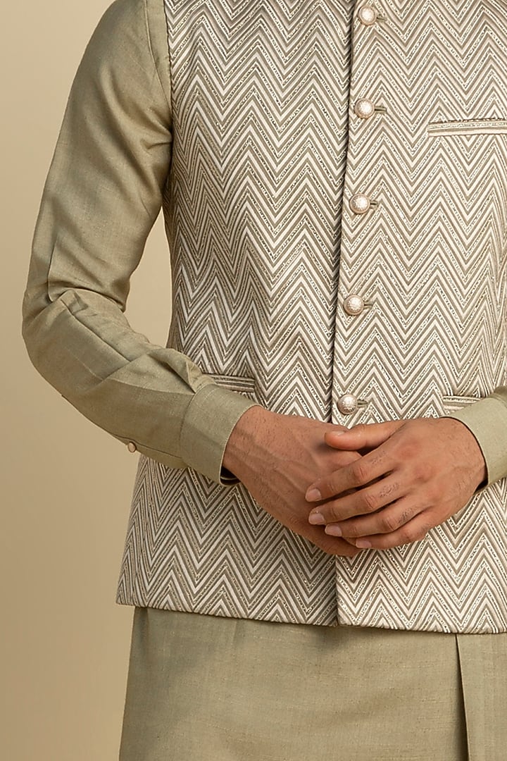 Sage Green Silk Embellished Bundi Jacket by Philocaly at Pernia's Pop Up Shop