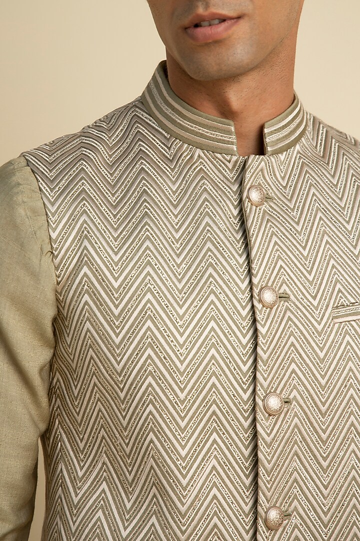 Sage Green Silk Embellished Bundi Jacket by Philocaly at Pernia's Pop Up Shop