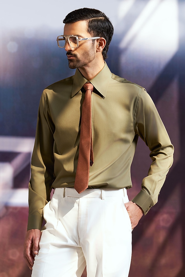 Olive Green Cotton Party Wear Shirt by Philocaly at Pernia's Pop Up Shop