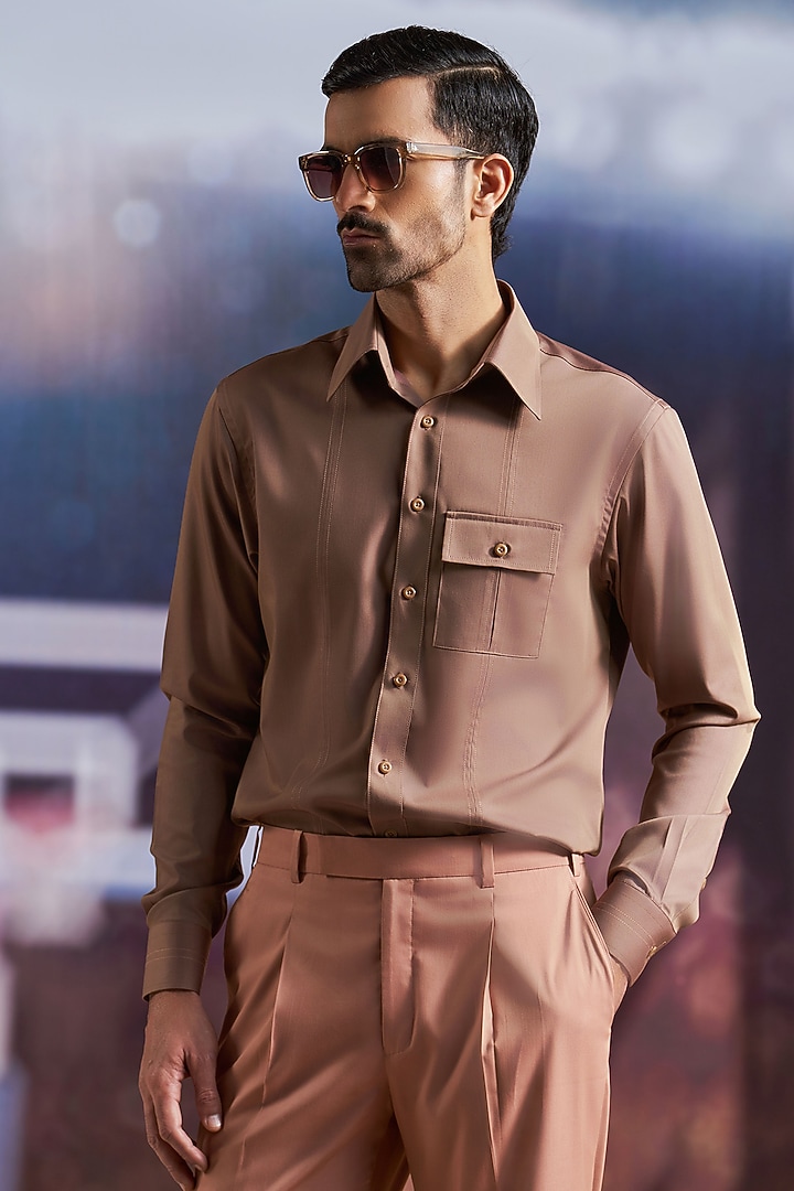 Mocha Brown Cotton Party Wear Shirt by Philocaly at Pernia's Pop Up Shop