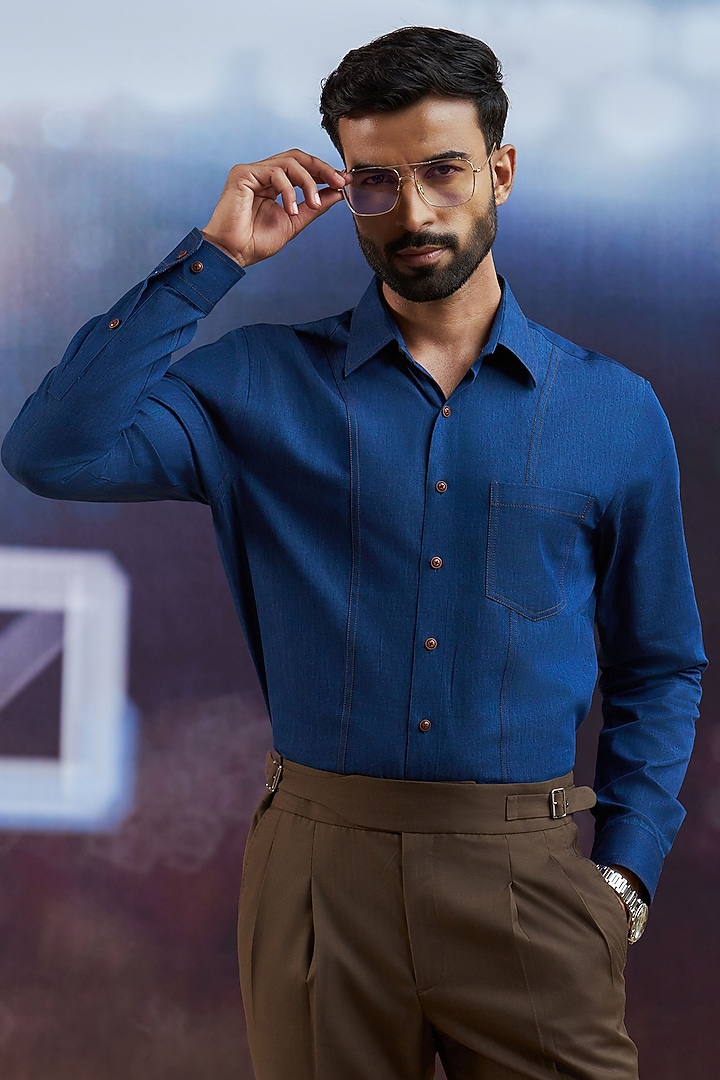Indigo Blue Cotton Party Wear Shirt by Philocaly at Pernia's Pop Up Shop