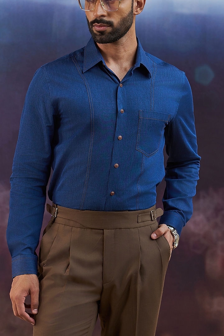 Indigo Blue Cotton Party Wear Shirt by Philocaly at Pernia's Pop Up Shop
