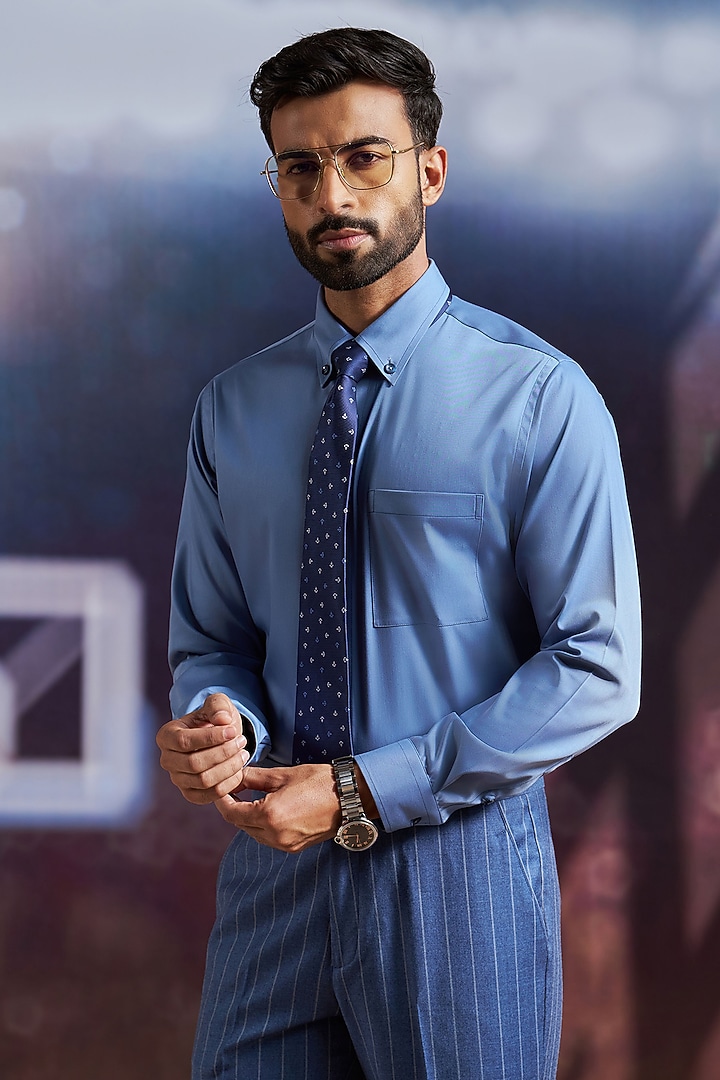 Blue Cotton Blend Party Wear Shirt by Philocaly at Pernia's Pop Up Shop