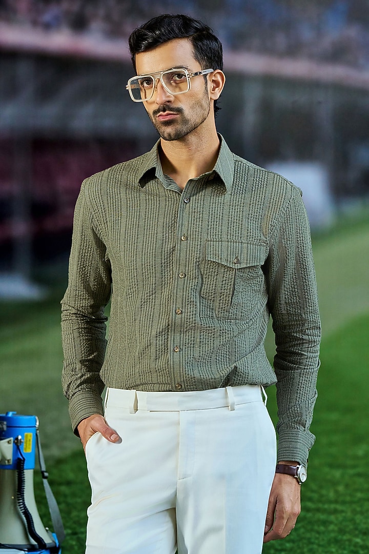 Olive Green Cotton Party Wear Shirt by Philocaly at Pernia's Pop Up Shop