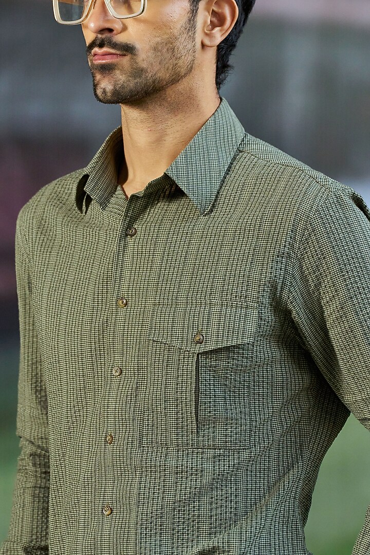 Olive Green Cotton Party Wear Shirt by Philocaly at Pernia's Pop Up Shop