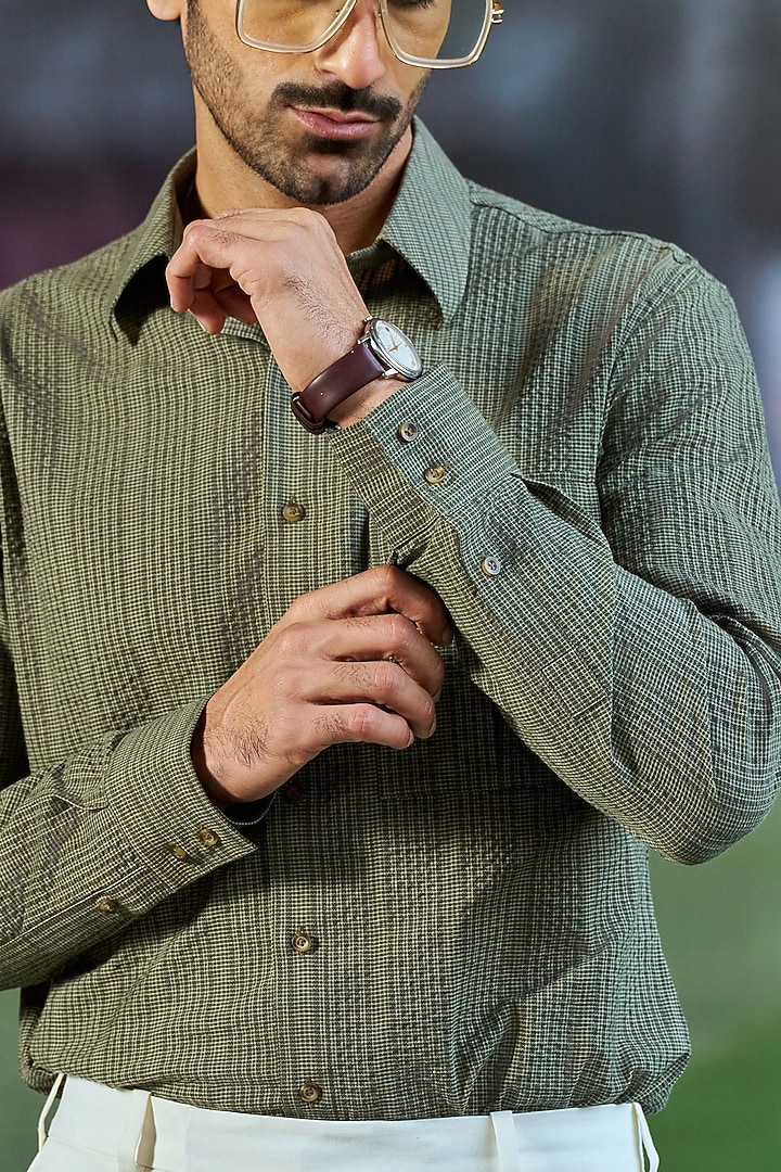 Olive Green Cotton Party Wear Shirt by Philocaly at Pernia's Pop Up Shop
