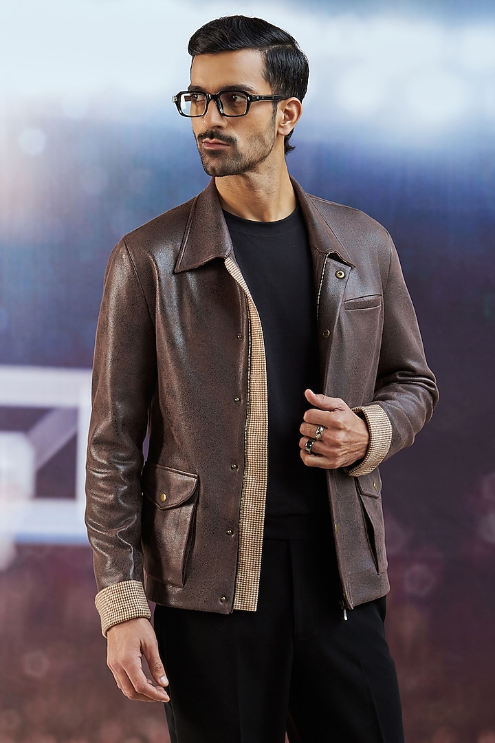 Brown Faux Leather Jacket by Philocaly at Pernia's Pop Up Shop