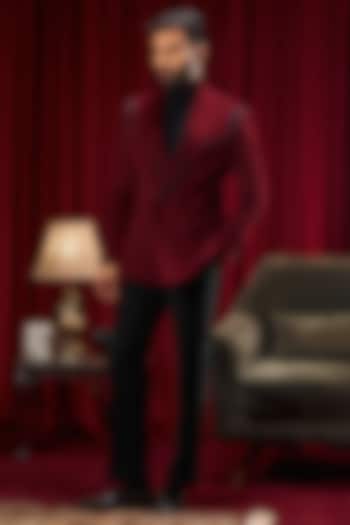 Maroon Velvet Hand Embroidered Tuxedo by Philocaly at Pernia's Pop Up Shop