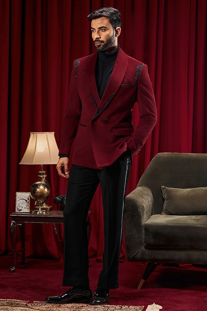 Maroon Velvet Hand Embroidered Tuxedo by Philocaly at Pernia's Pop Up Shop