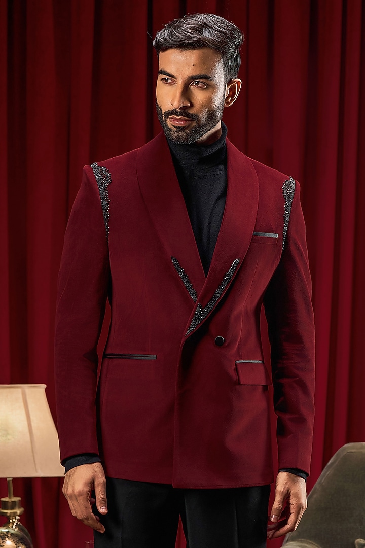 Maroon Velvet Hand Embroidered Tuxedo by Philocaly at Pernia's Pop Up Shop