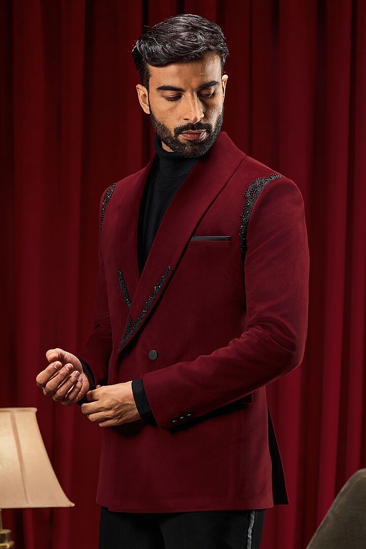 Maroon Velvet Hand Embroidered Tuxedo by Philocaly at Pernia's Pop Up Shop