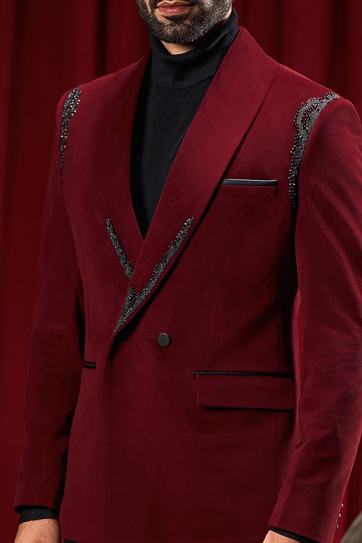 Maroon Velvet Hand Embroidered Tuxedo by Philocaly at Pernia's Pop Up Shop
