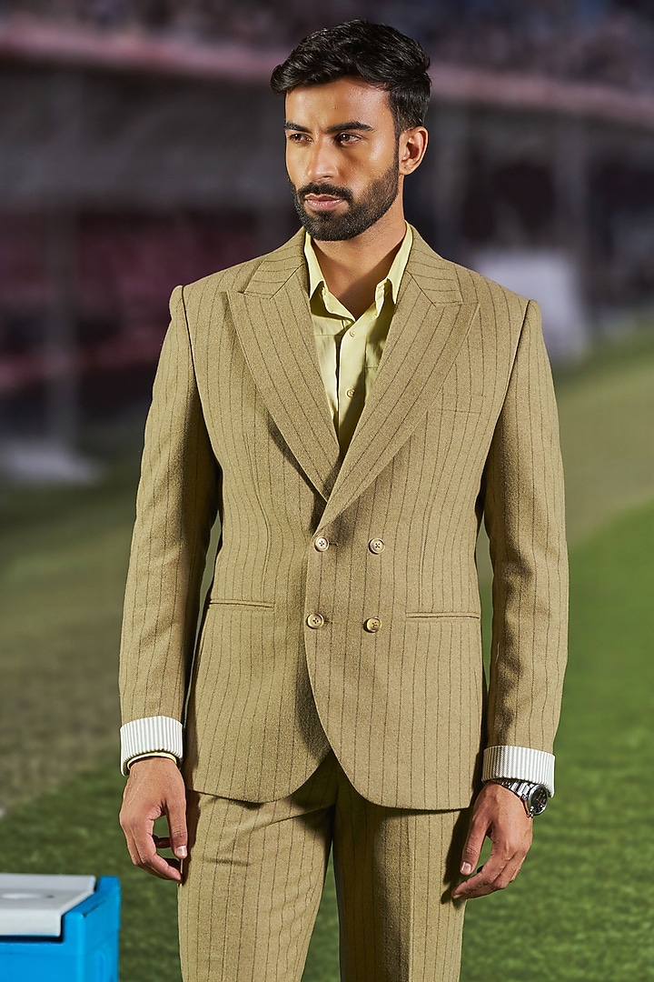 Olive Green Wool Blend Double-Breasted Blazer by Philocaly at Pernia's Pop Up Shop