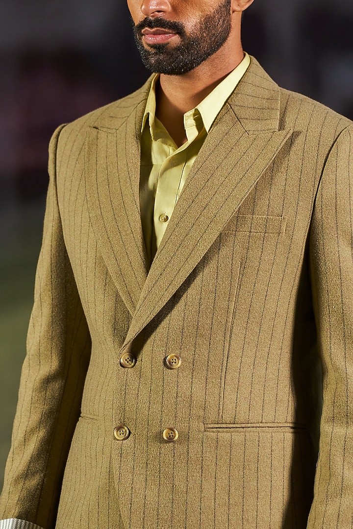 Olive Green Wool Blend Double-Breasted Blazer by Philocaly at Pernia's Pop Up Shop