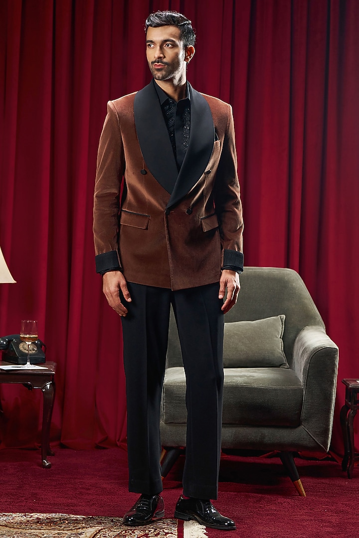 Brown Velvet Tuxedo by Philocaly at Pernia's Pop Up Shop