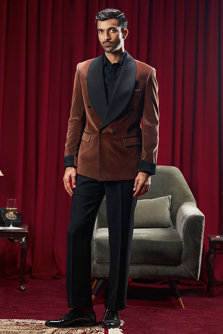 Brown Velvet Tuxedo by Philocaly at Pernia's Pop Up Shop