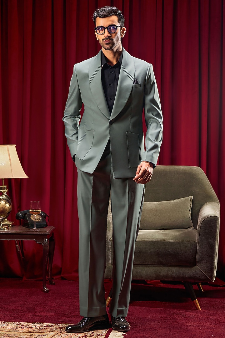 Teal Perennial Wool Blazer Set by Philocaly at Pernia's Pop Up Shop