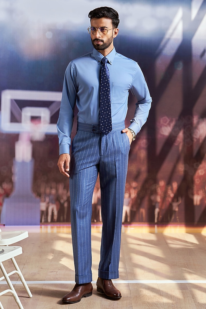 Blue Perennial Wool Pinstripe Trousers by Philocaly at Pernia's Pop Up Shop