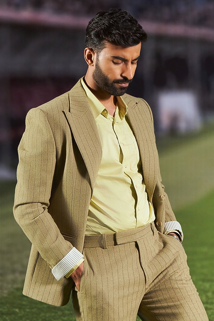 Olive Green Wool Blend Trousers by Philocaly at Pernia's Pop Up Shop