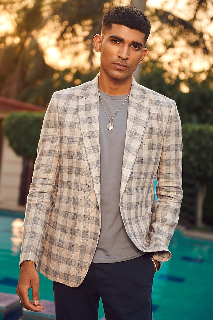 Grey & Blue Linen Checkered Blazer by Philocaly at Pernia's Pop Up Shop