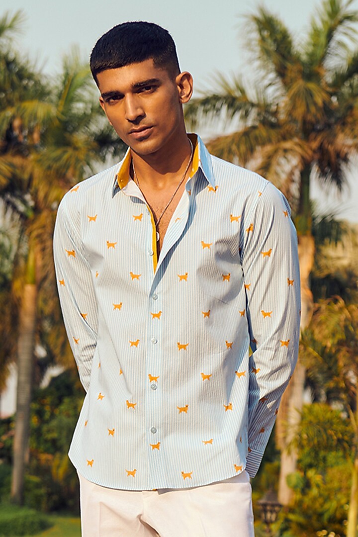 Blue Cotton Printed Party Wear Shirt by Philocaly at Pernia's Pop Up Shop