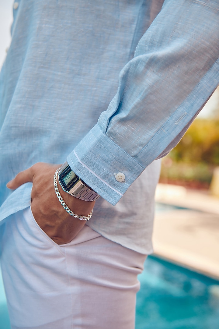 Pastel Blue Linen Party Wear Shirt by Philocaly at Pernia's Pop Up Shop