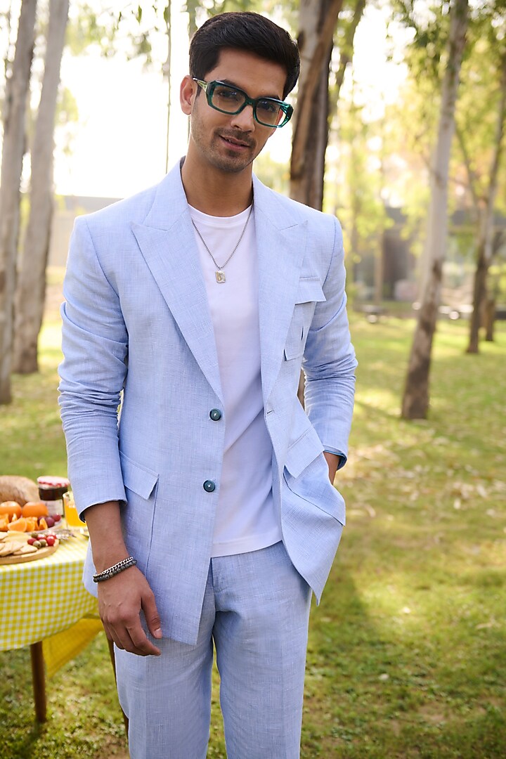 Blue Linen Checkered Blazer Set by Philocaly at Pernia's Pop Up Shop