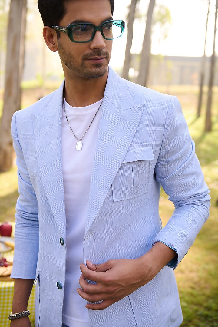 Blue Linen Checkered Blazer Set by Philocaly at Pernia's Pop Up Shop