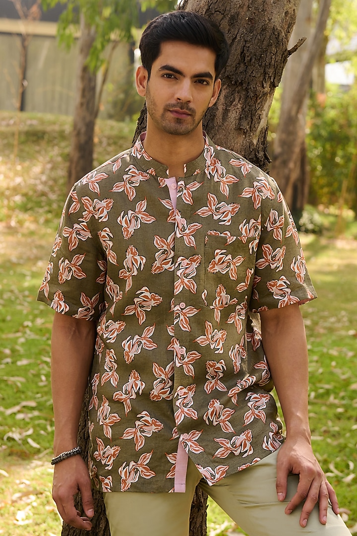 Olive Green Linen Printed Shirt by Philocaly
