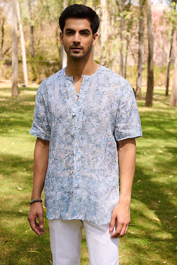 Blue Linen Printed Shirt by Philocaly