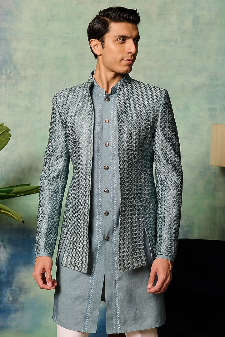 Blue Silk Embroidered Wedding Bandhgala by Philocaly at Pernia's Pop Up Shop